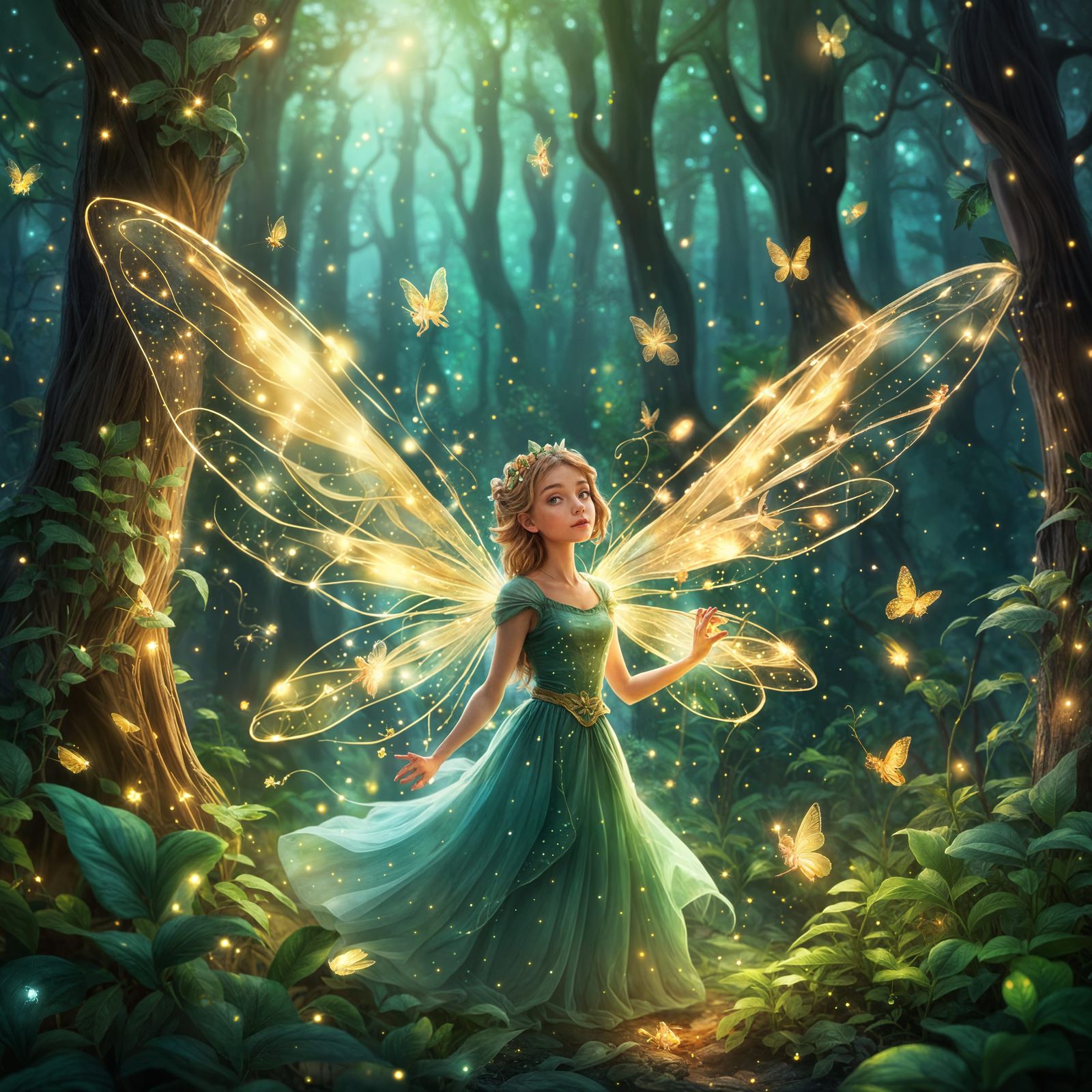 Whimsical Fairy Amidst Enchanted Forest Glow