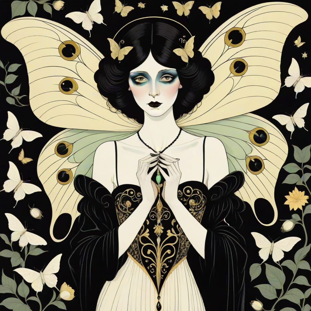 Emo Goth Luna Moth in Macabre Cartoon Style