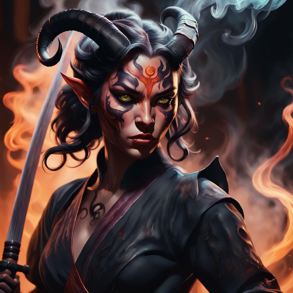Tiefling Warrior with Katana in Dark Fantasy Art