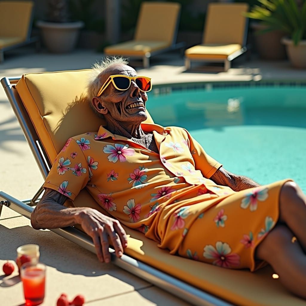 Zombie Lounging Poolside in Hockney Style