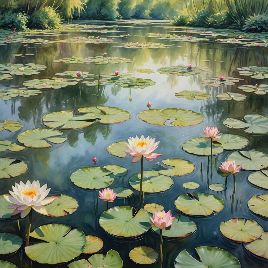 Serene Pond in Watercolor Landscape