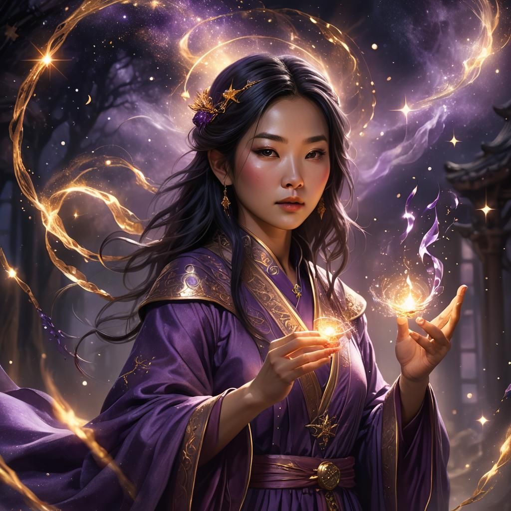 Asian Sorceress Casting Spell in Digital Art Style