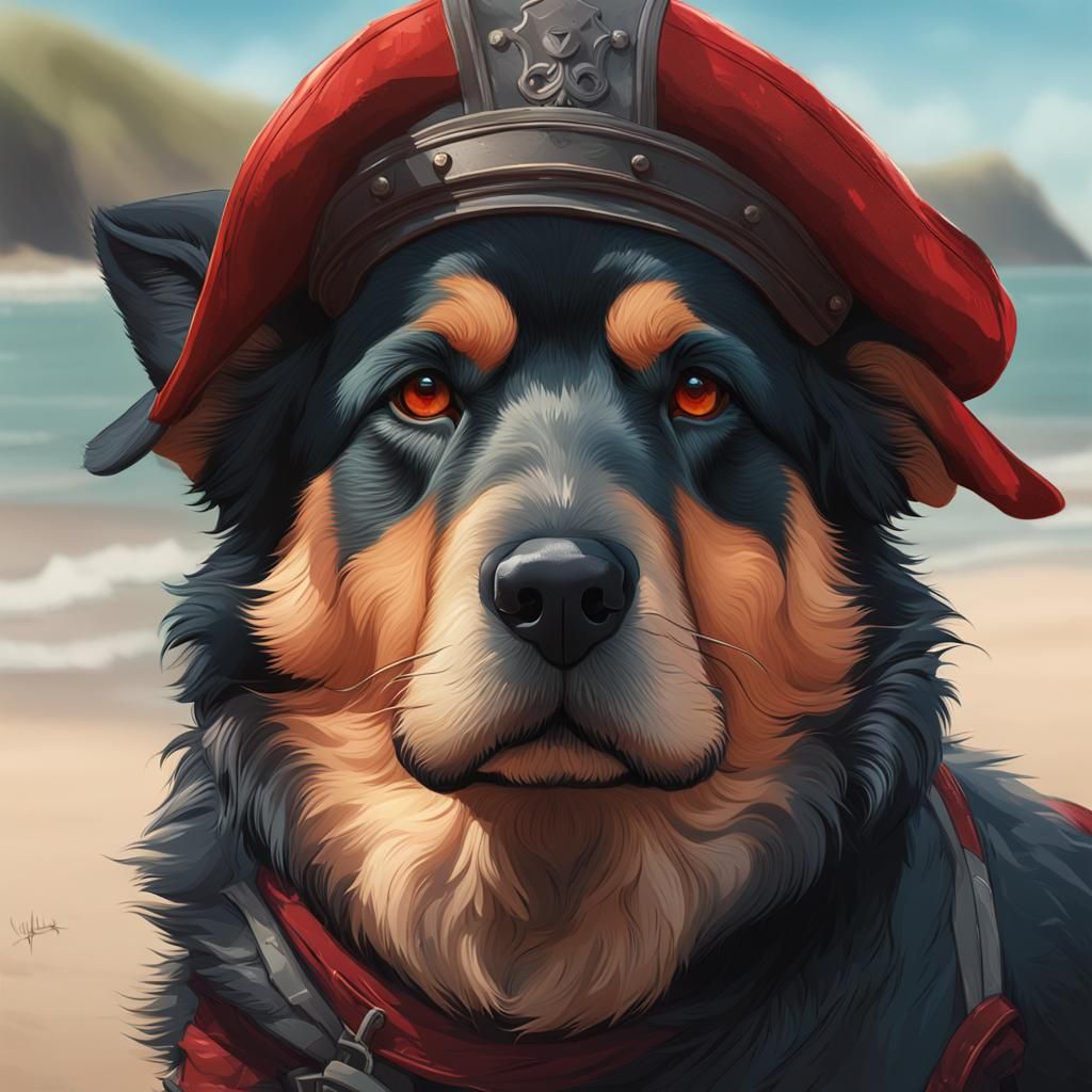 Dog with Red Hat on Beach, Detailed Portrait