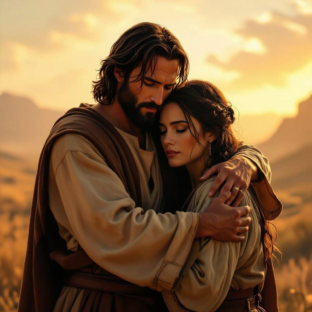 Jesus Embraces Man and Woman in Golden Hour Matte Painting