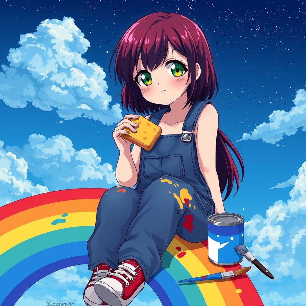 Cute Anime Woman in Cel-Shaded Style with Rainbow Background