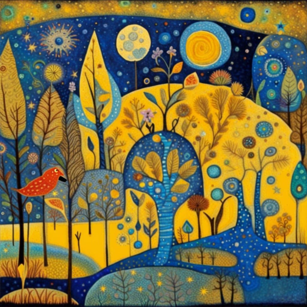 Starry Forest in Art Brut Style with Moonshine