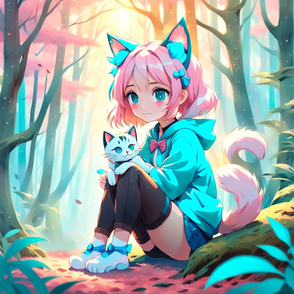 Anime Cat Girl in Vibrant Forest, Concept Art