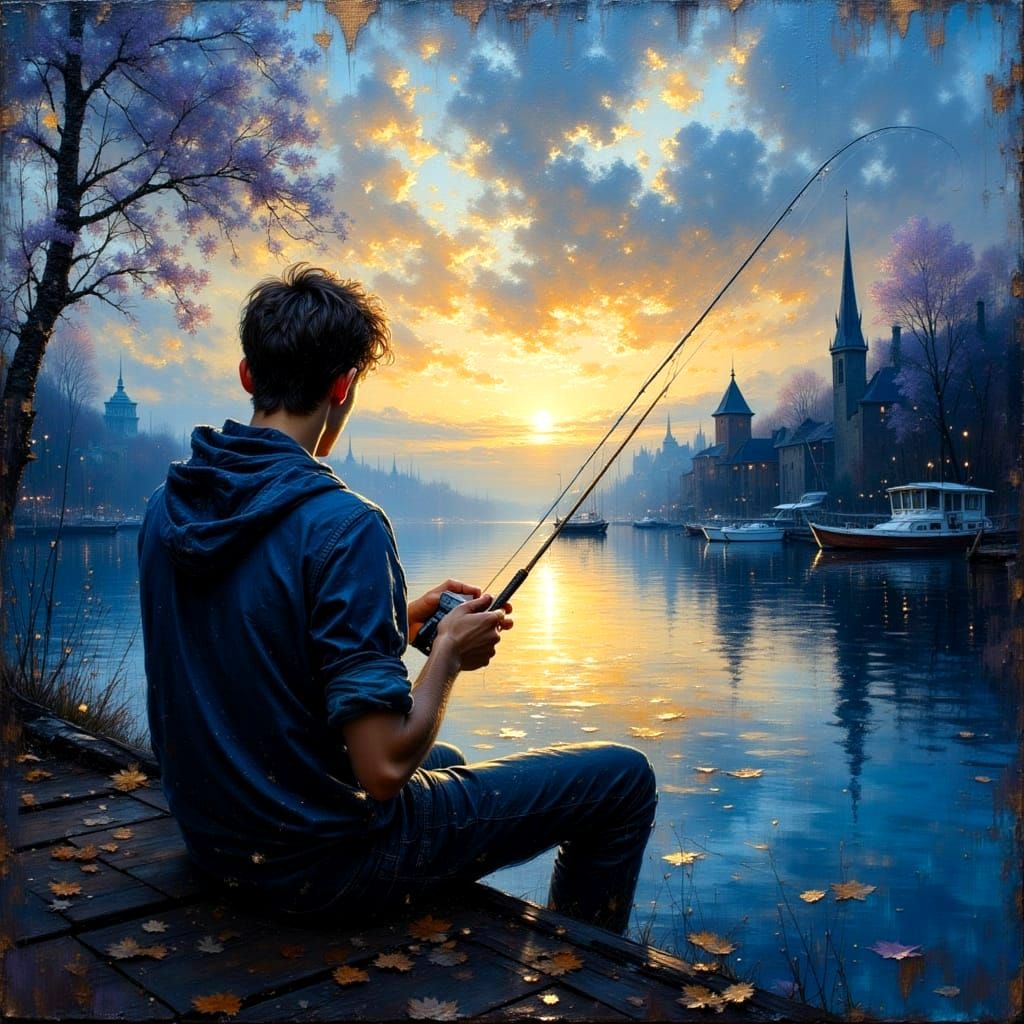 Man Fishing at Twilight in Ethereal Jazz Style