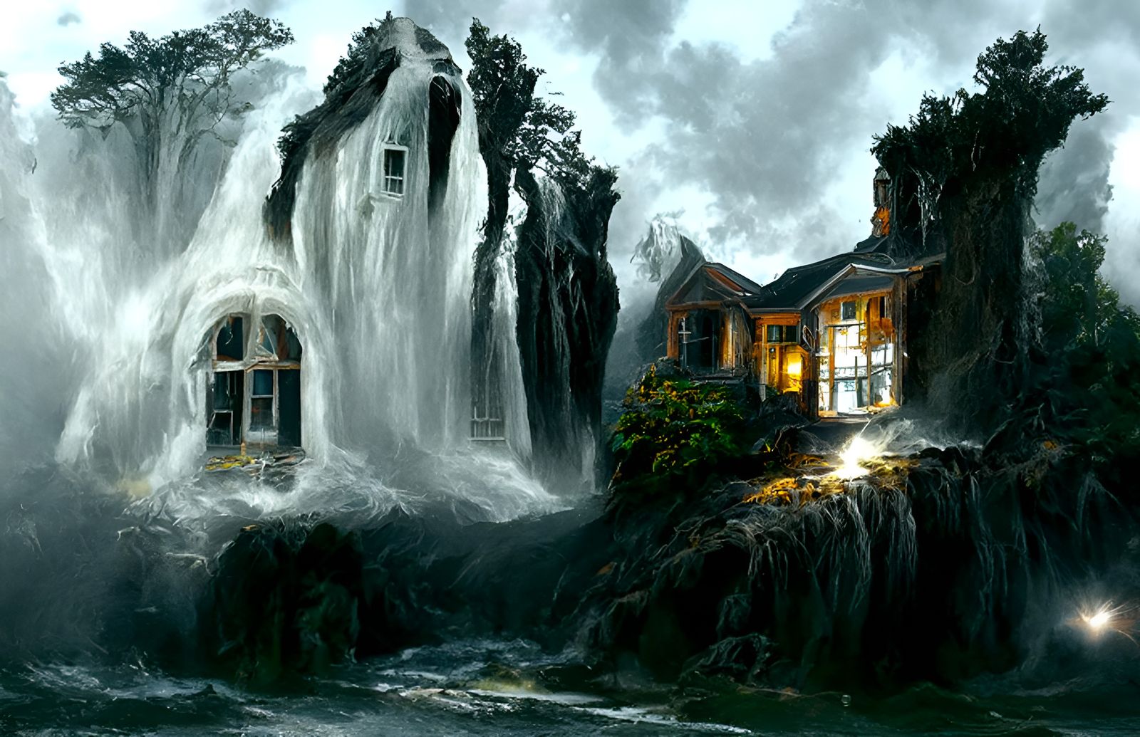 Haunted Victorian House Under Monstrous Waterfall