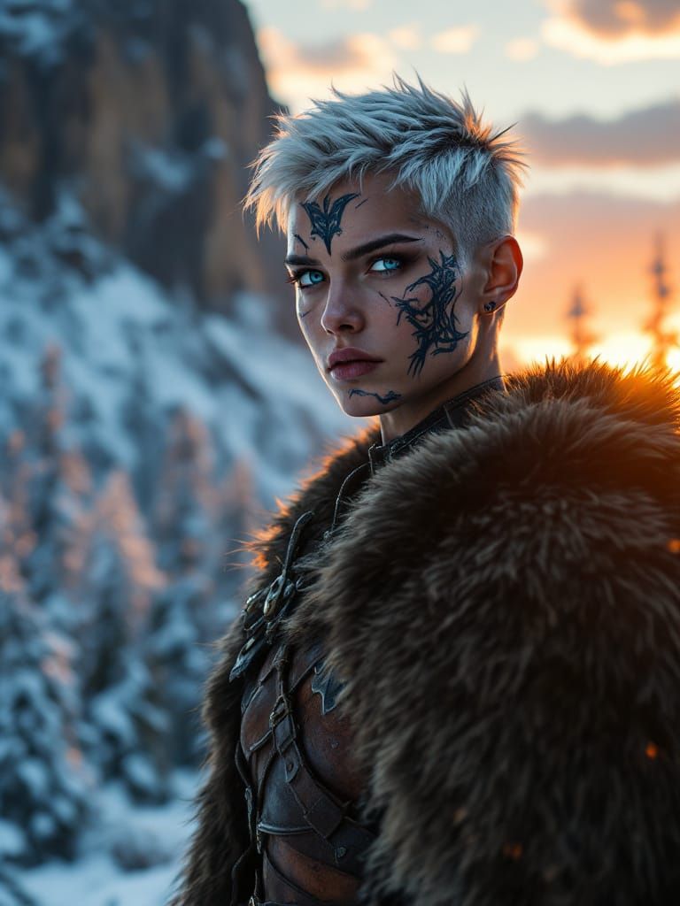 Viking Warrior Woman with Facial Tattoos in Snowy Forest