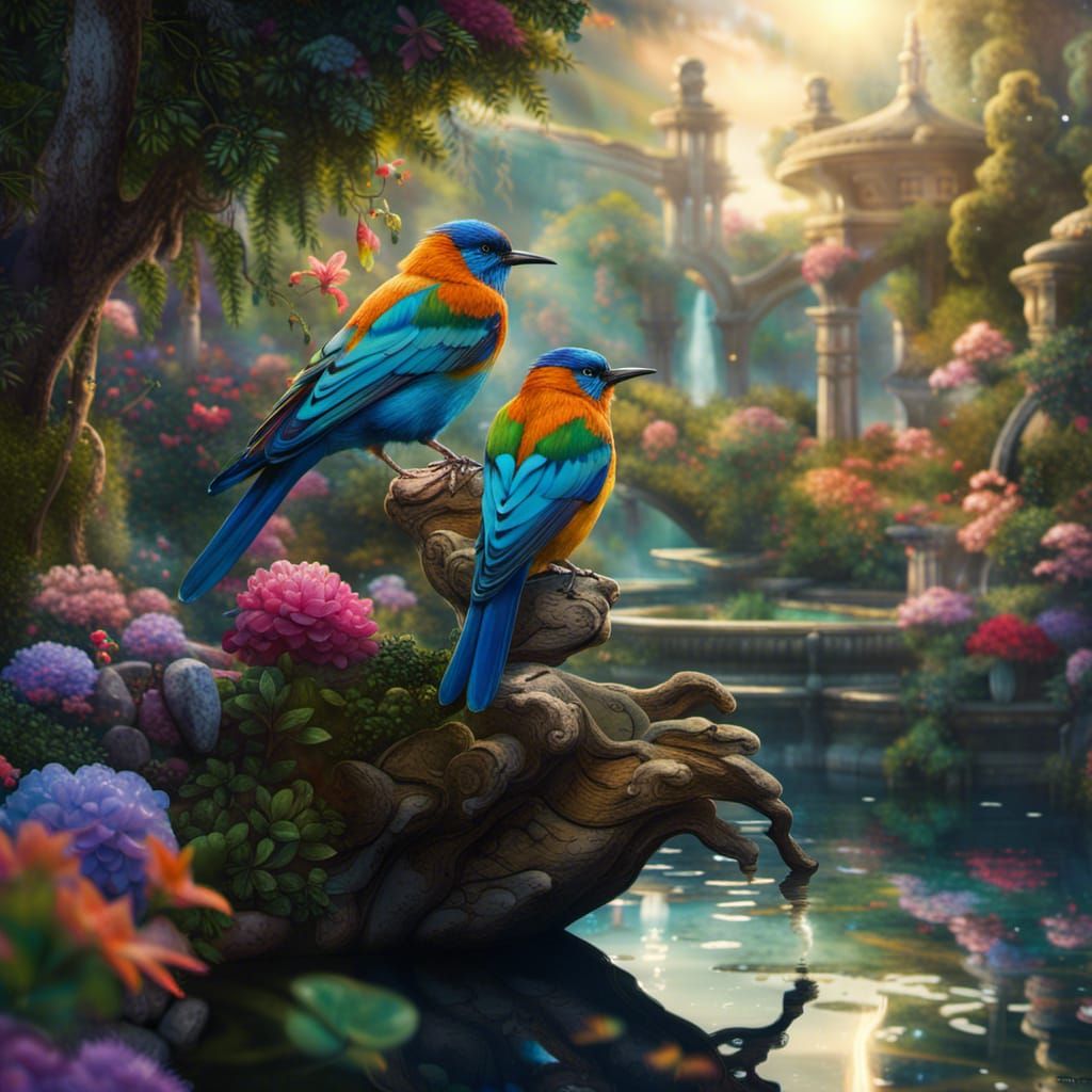 Robin in a Fantastical Garden Landscape