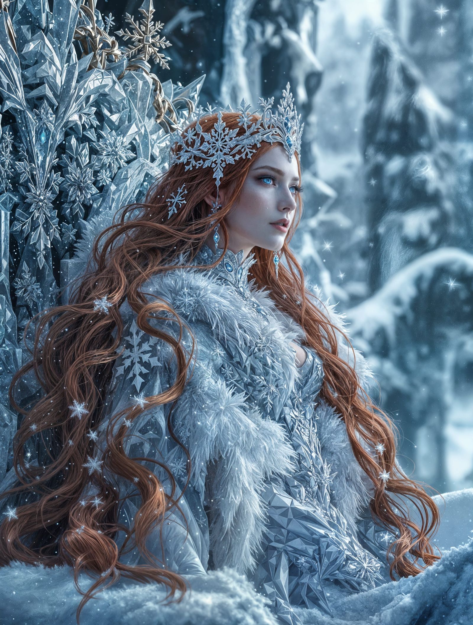 Snow Queen on Ice Throne in Dark Fantasy Realism