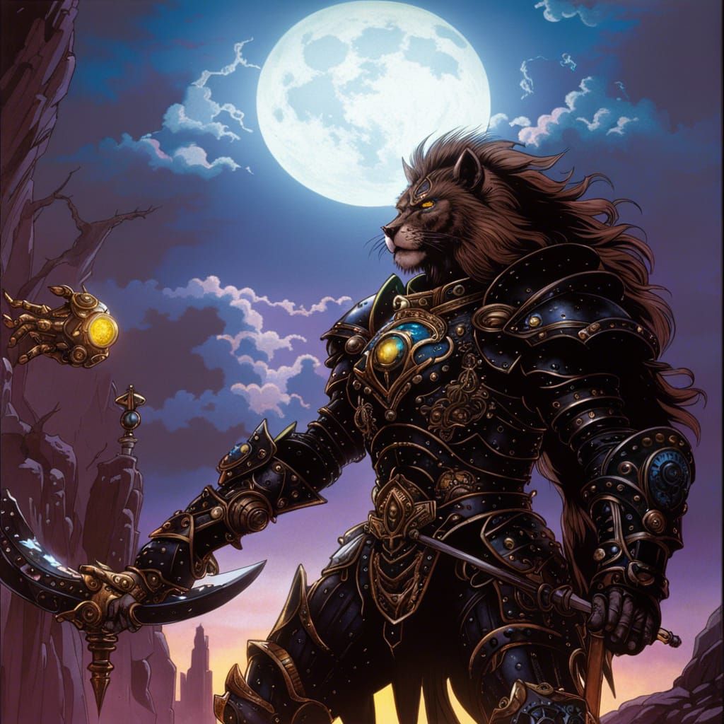 Lion-Ape Knight Absorbing Moonlight: Fantasy Concept Art