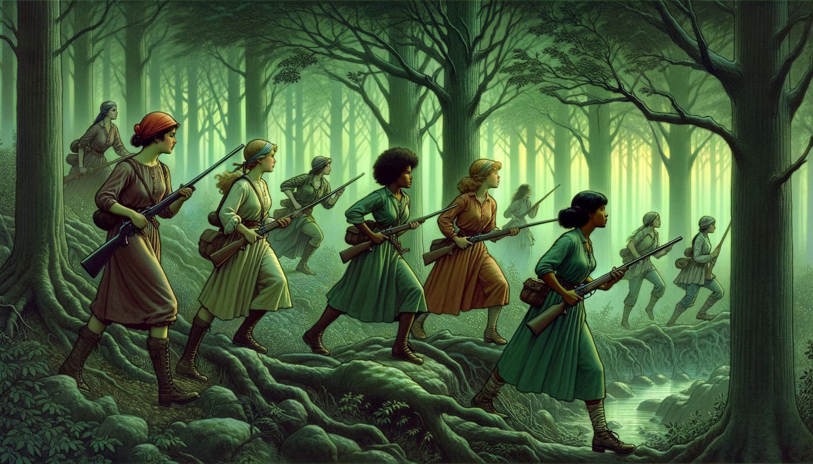 Women Warriors in Enchanted Forest, Vintage Illustration