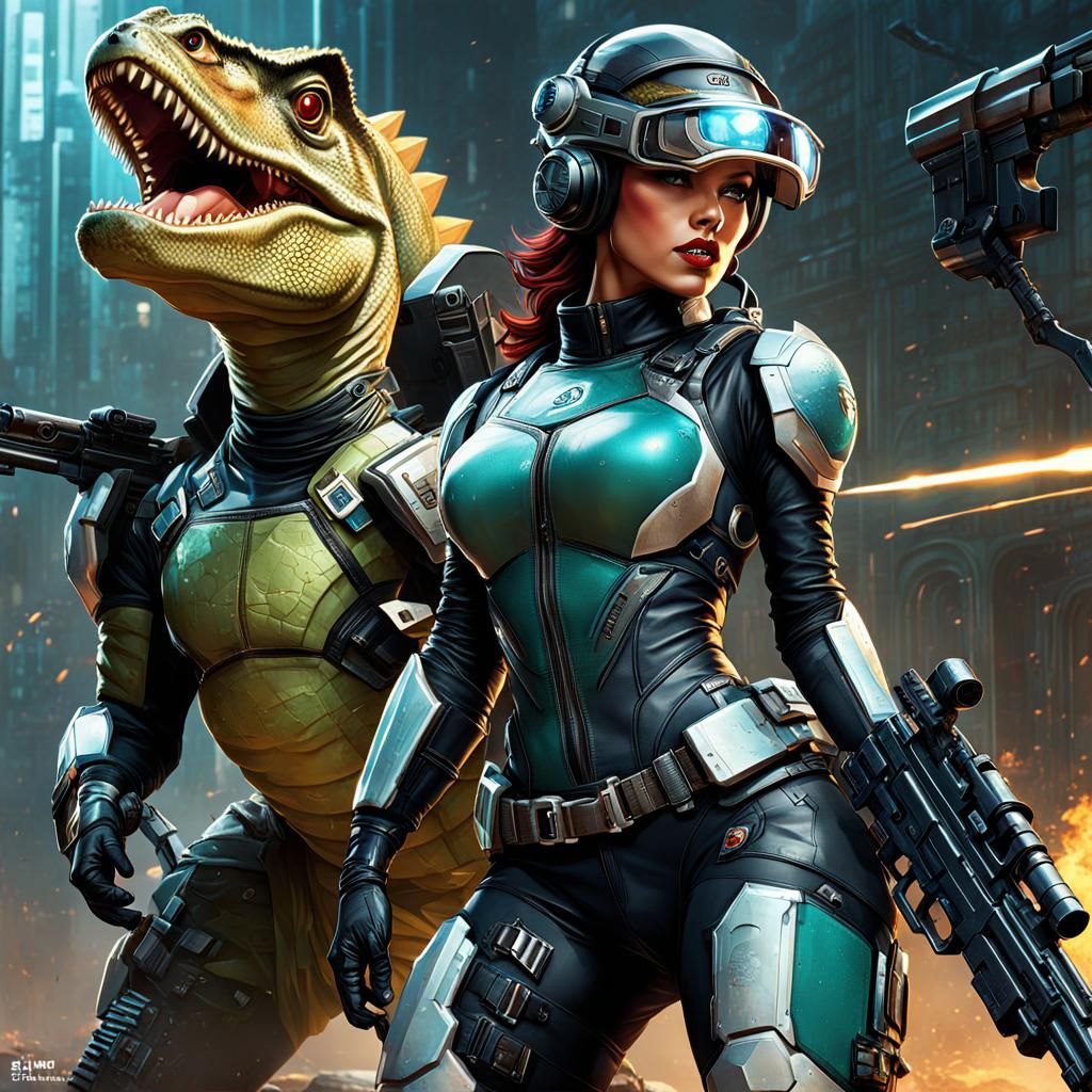Futuristic Pin-Up Dinosaur Hunter in Cell Shading