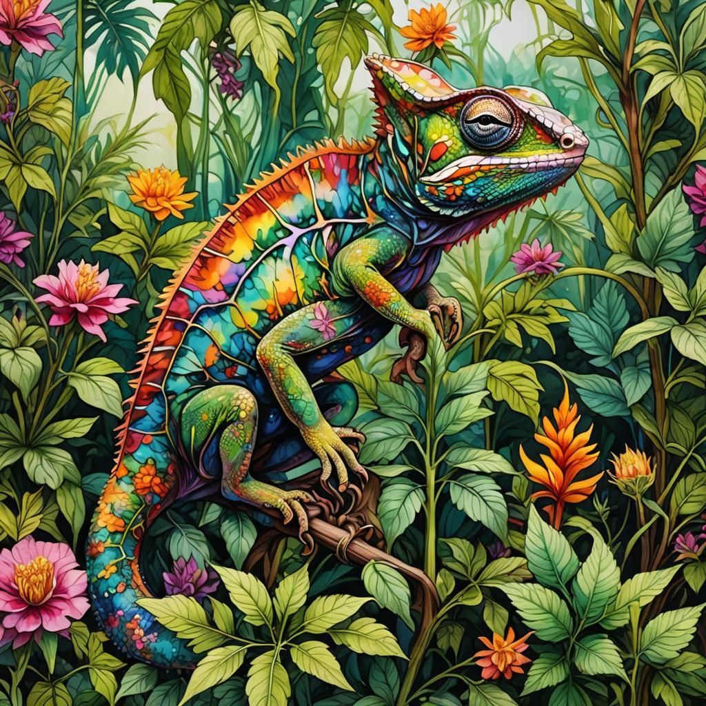 Colorful Chameleon in Greenhouse Alcohol-Ink Painting