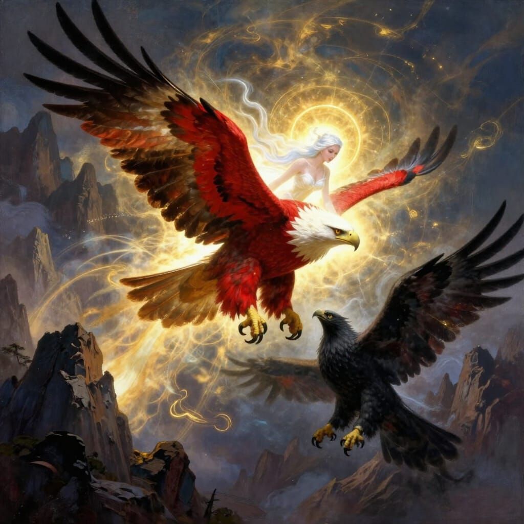 Red Eagle with Sky Spirit Woman in Cosmic Battle