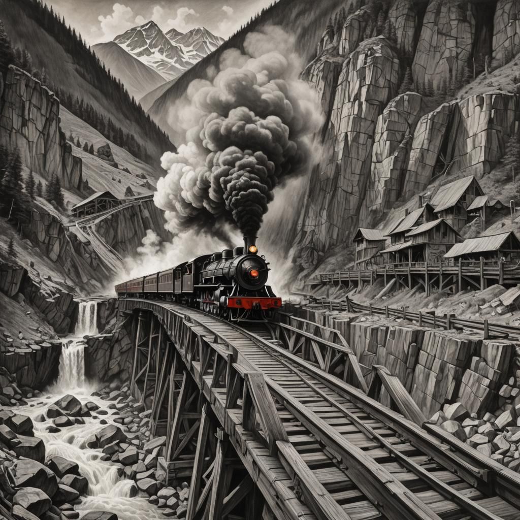Steam Train Disaster: Charcoal Drawing of Bridge Collapse
