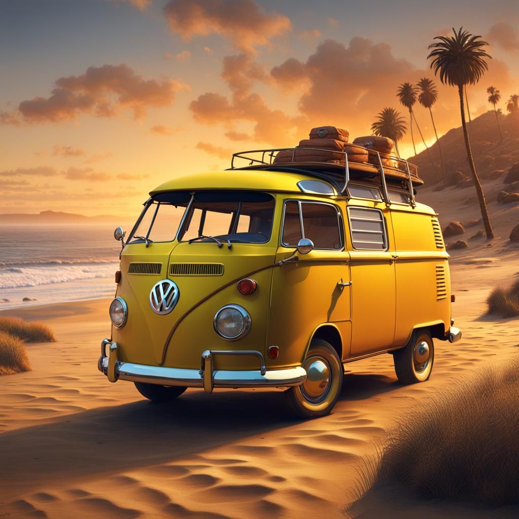 Yellow VW Van at Sunset: Fantasy Concept Art
