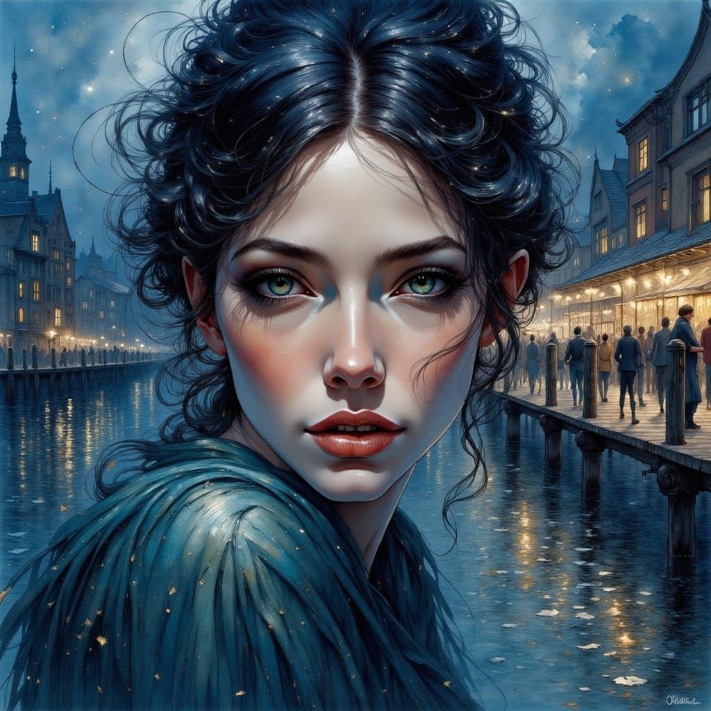 masterpiece, visible dark blue brush strokes, oil on canvas, fairytale, dynamic poster, A split p...