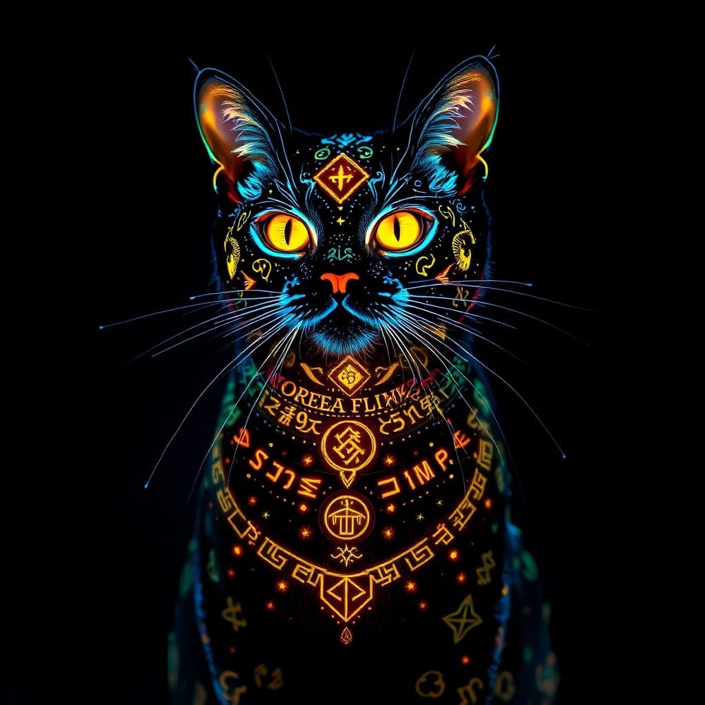 Ethereal Prismatic Cat God in Black Light Paint