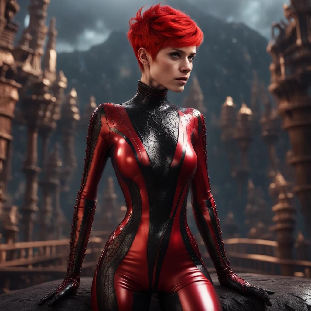 European Woman in Red Latex Suit: Fantasy Art