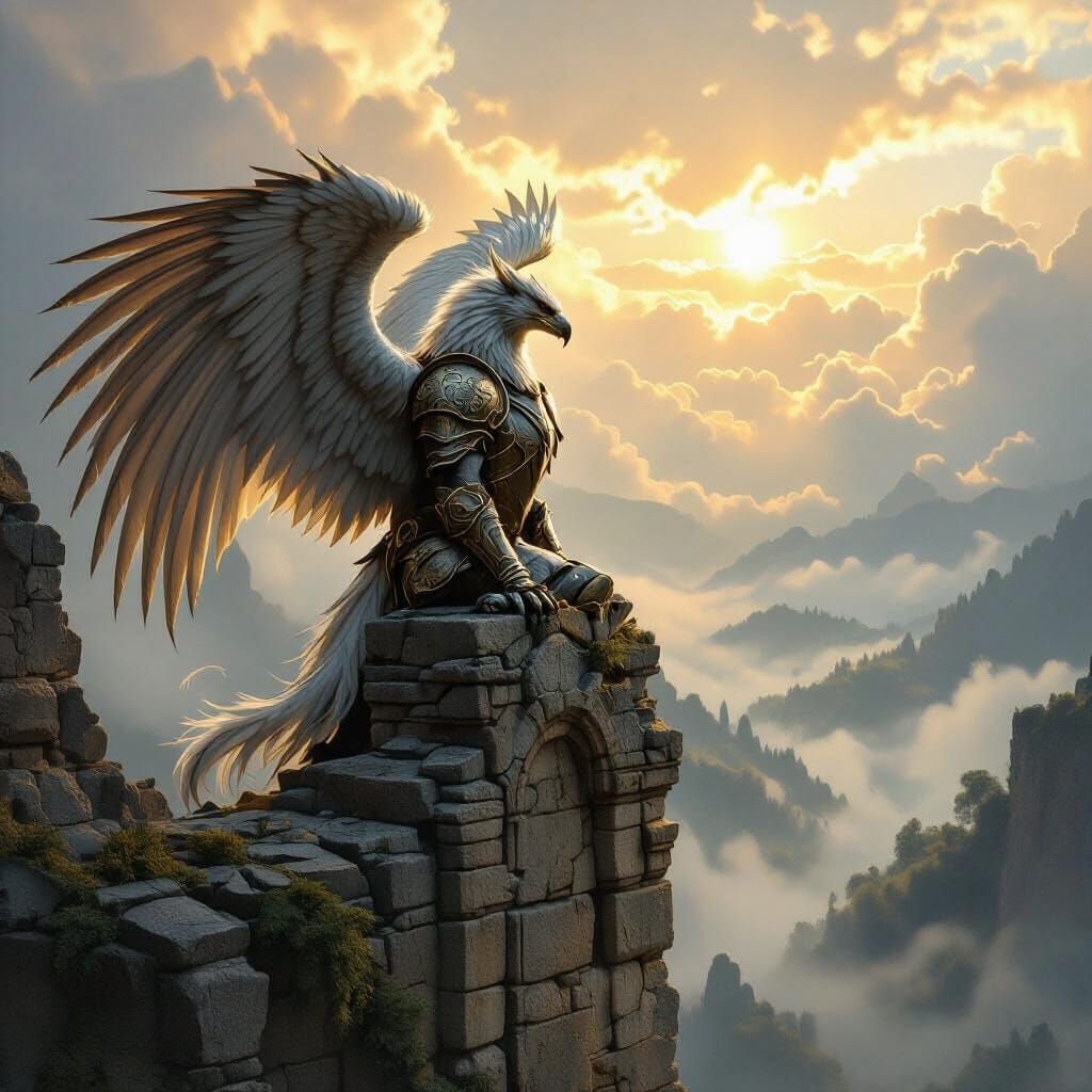 Armored Griffin Perched Atop Ancient Ruin