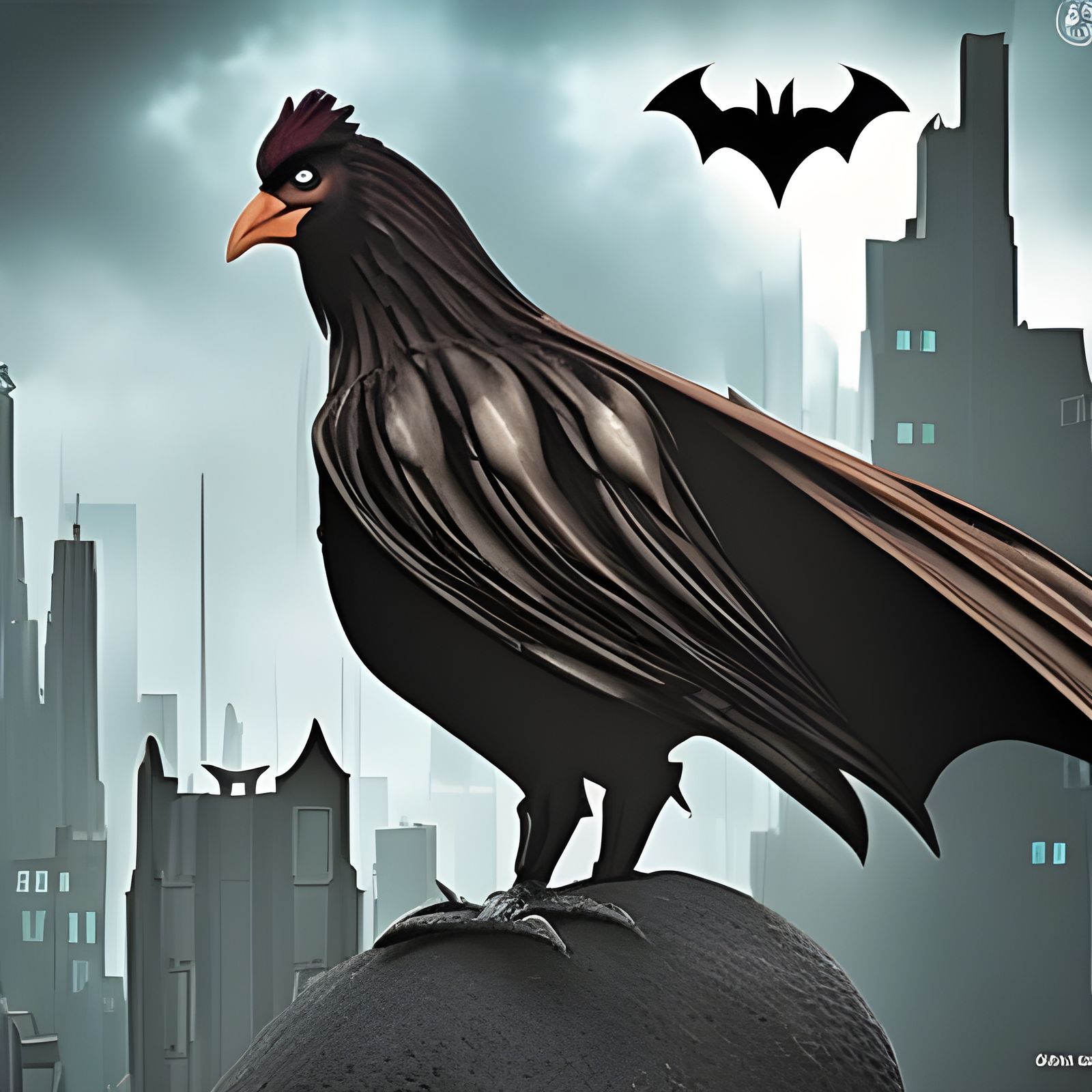 Batman Chicken Watches Over Gotham, Dark Fantasy Art