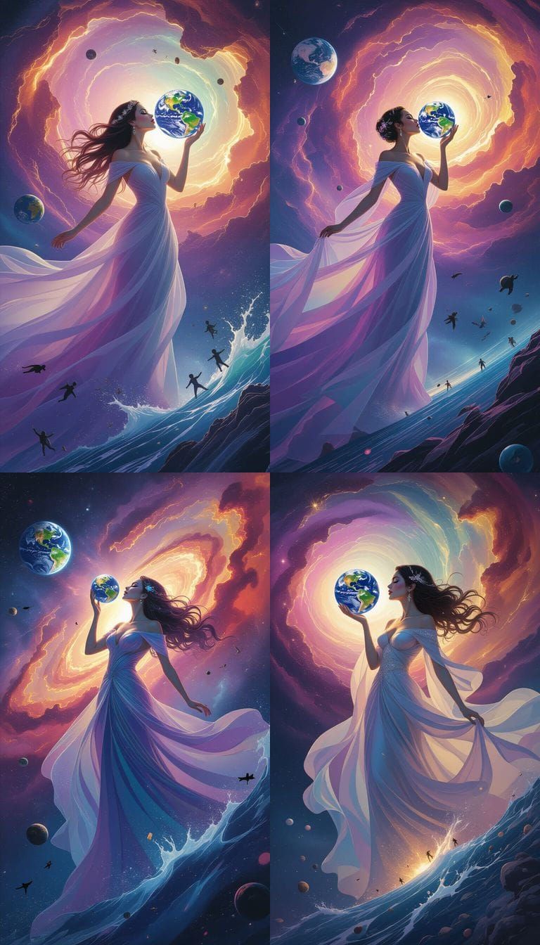 Cosmic Alien Woman Eats Earth, Surreal Portrait