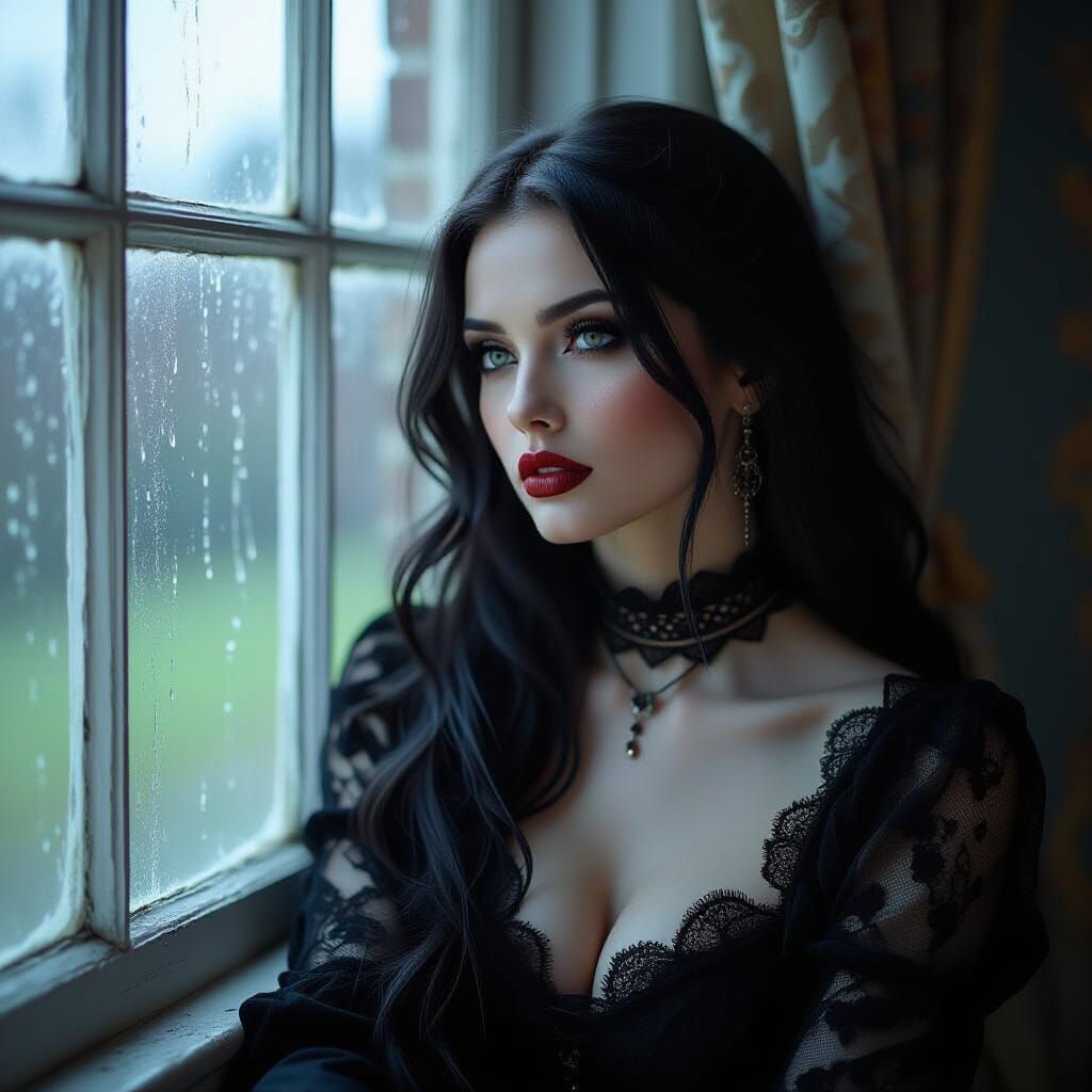 Gothic Woman with Haunting Expression in Baroque Setting