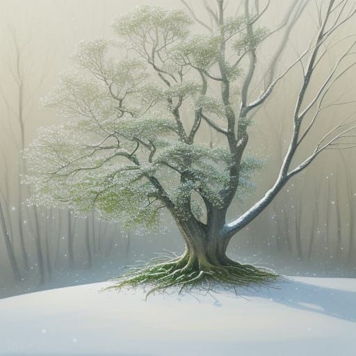 Whimsical Watercolor of a Tree with Robins in a Snowy Landsc...