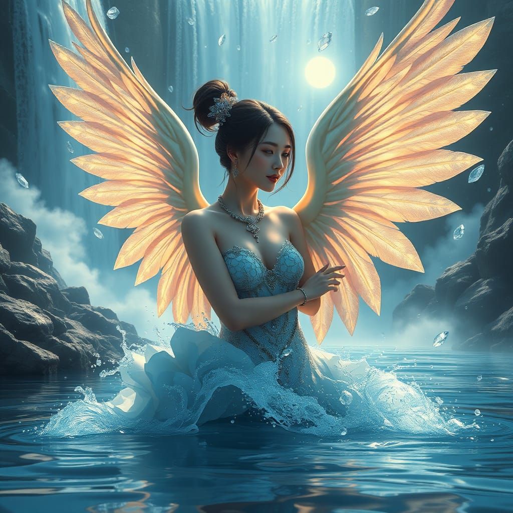 Kinnaree with Angel Wings in Diamond Waterfall