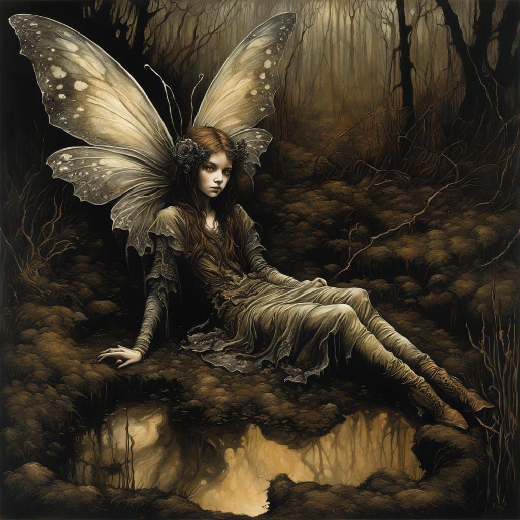Mystical Fairy in Swampy Nighttime Scene, Ink and Smoky Art