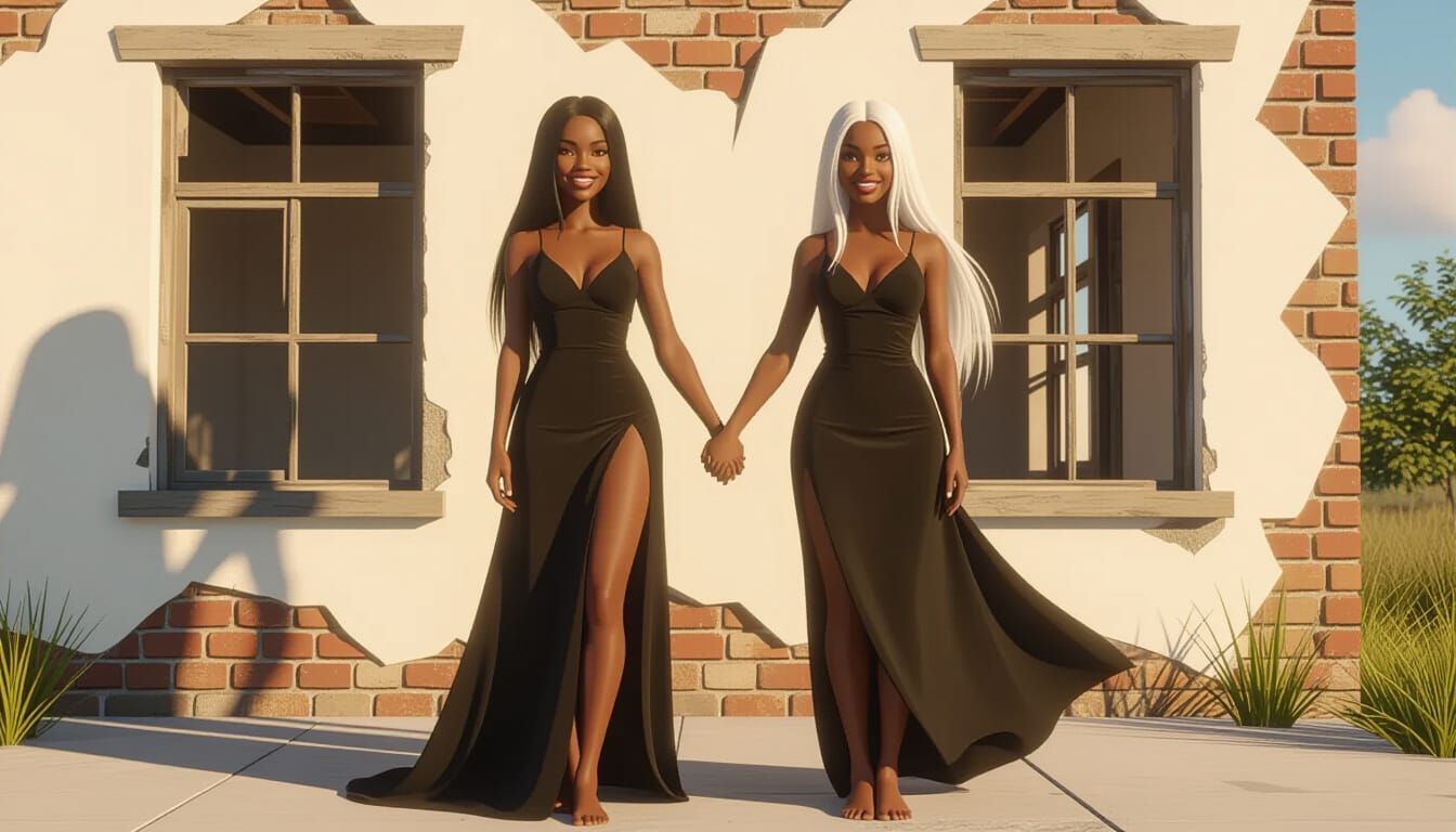 Two Black Women in Long Dresses Outside Building