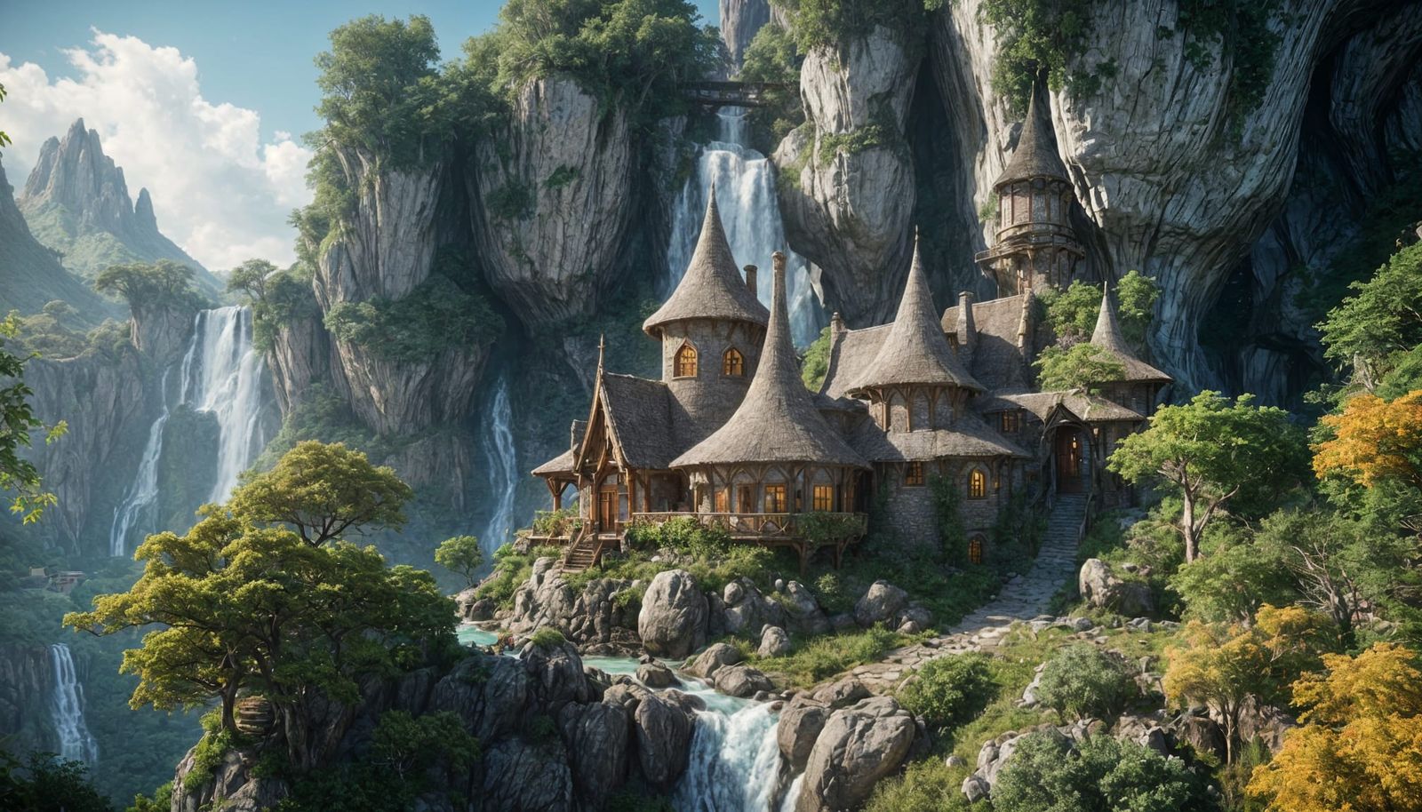 Elven Cliffside Cottage in Wooded Valley, Fantasy Concept Ar...