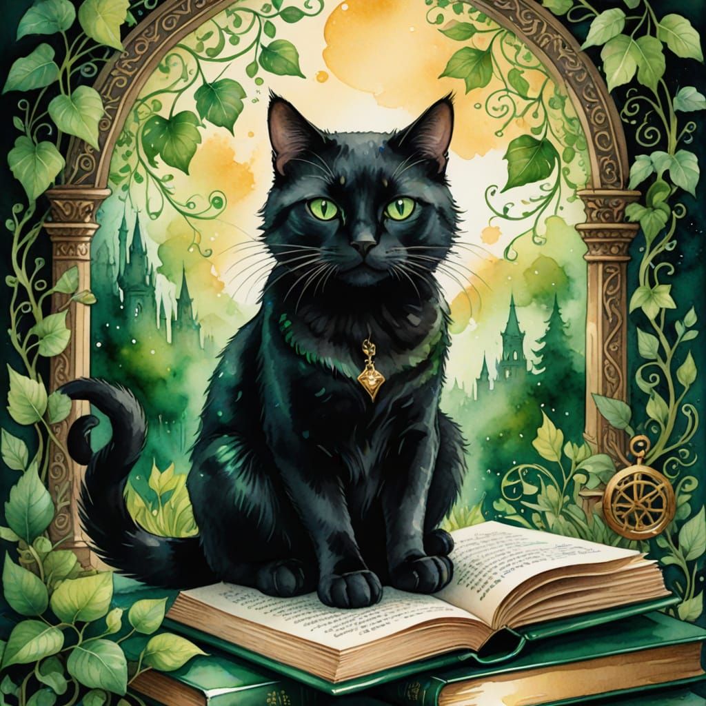 Whimsical Black Cat in a Dreamy Watercolor World