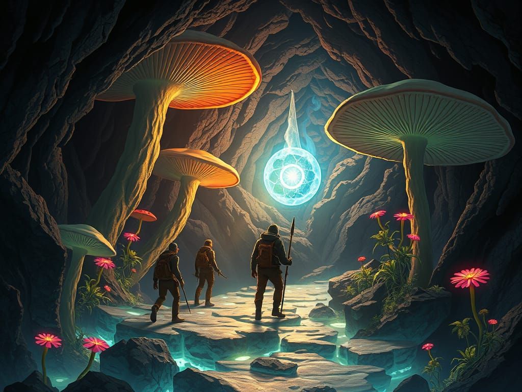 Bioluminescent Cavern: Explorers and Glowing Relic