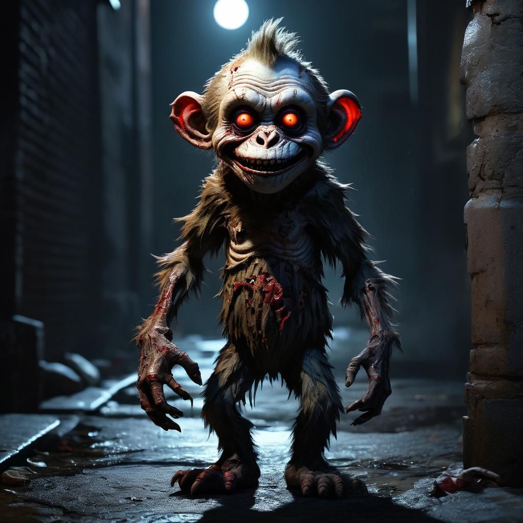 Hyperrealistic Zombie Monkey Clown in Dark Alleyway