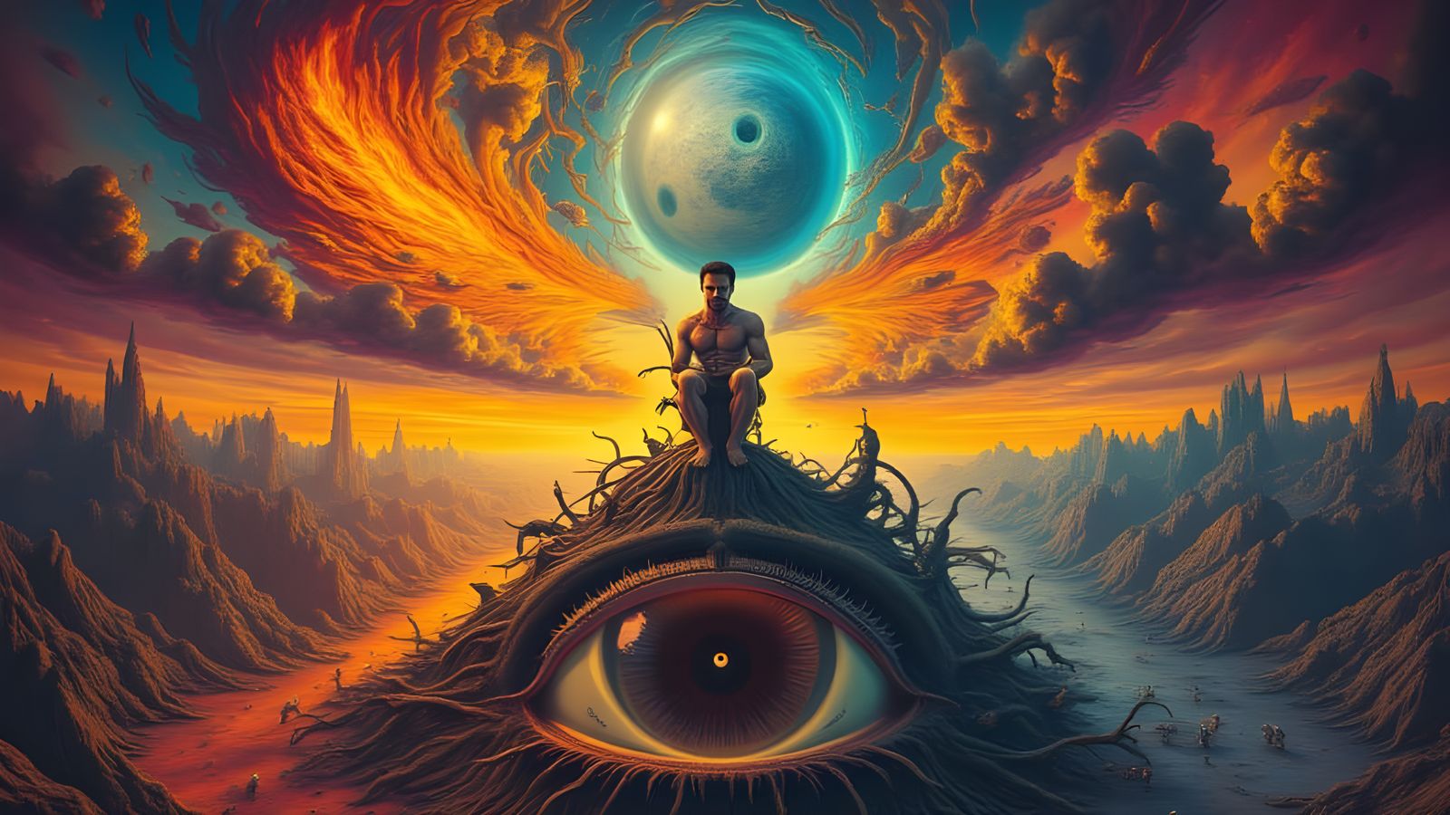 Man-Peacock Hybrid With Devilish Wings Before Fractal Moon