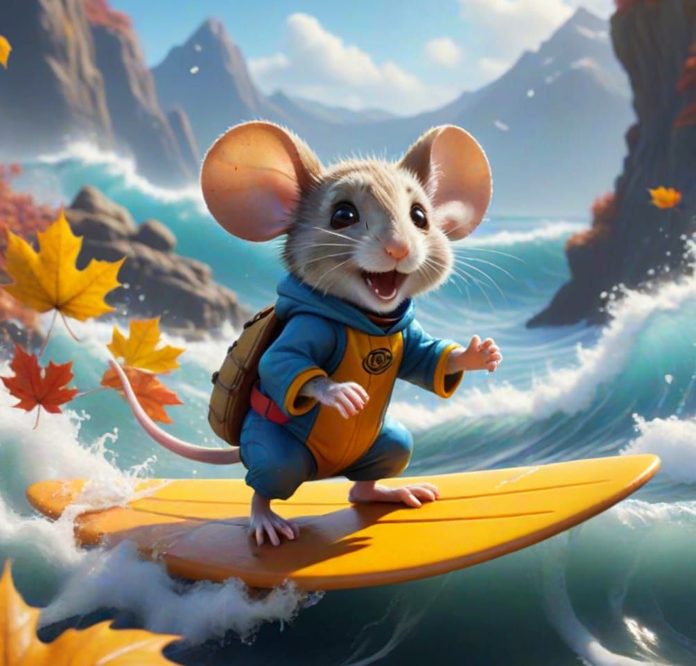 Adorable Mouse Surfs Tiny Autumn Wave in Vibrant Fantasy Art
