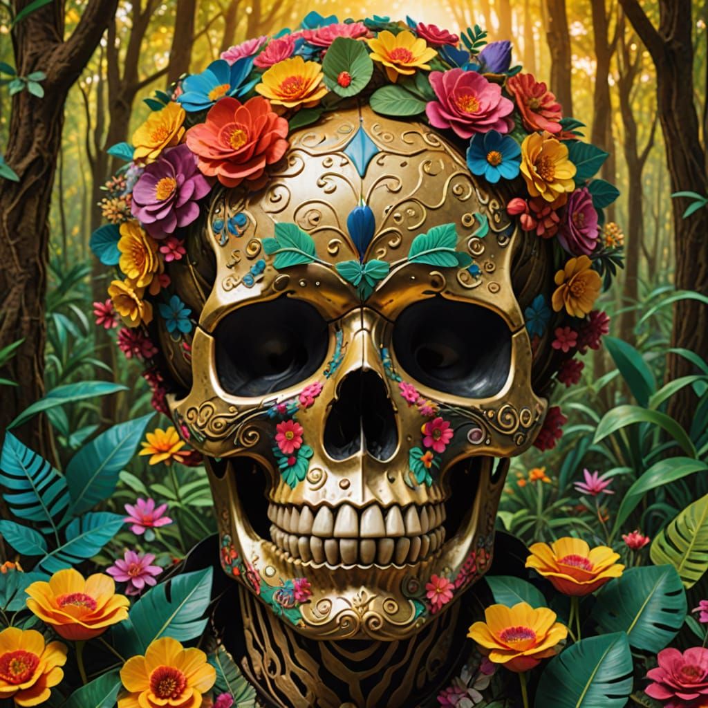 Floral Skull in Mexican Forest, Magical Realism Art