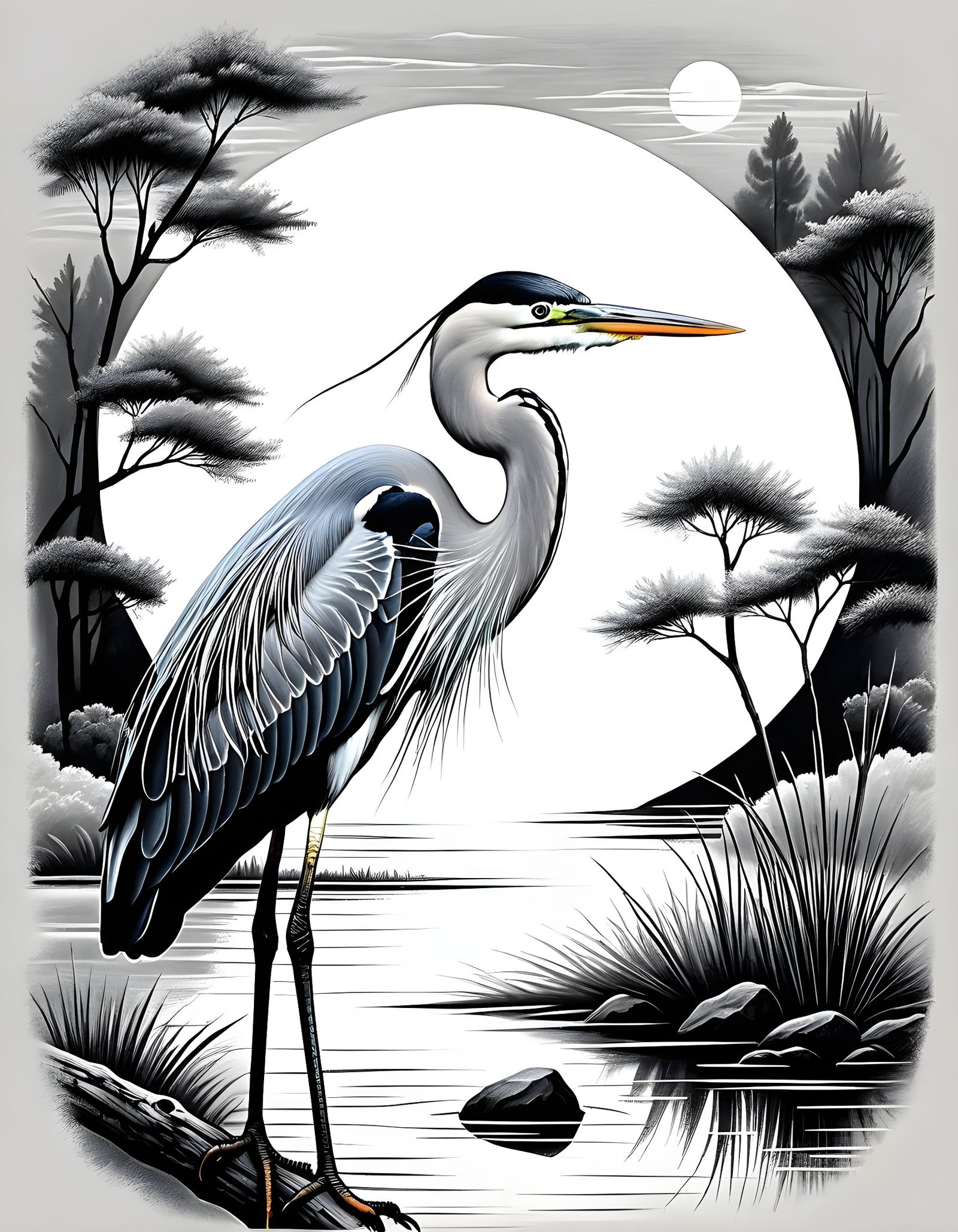 Victorian Heron in Minimalist Chalk Drawing
