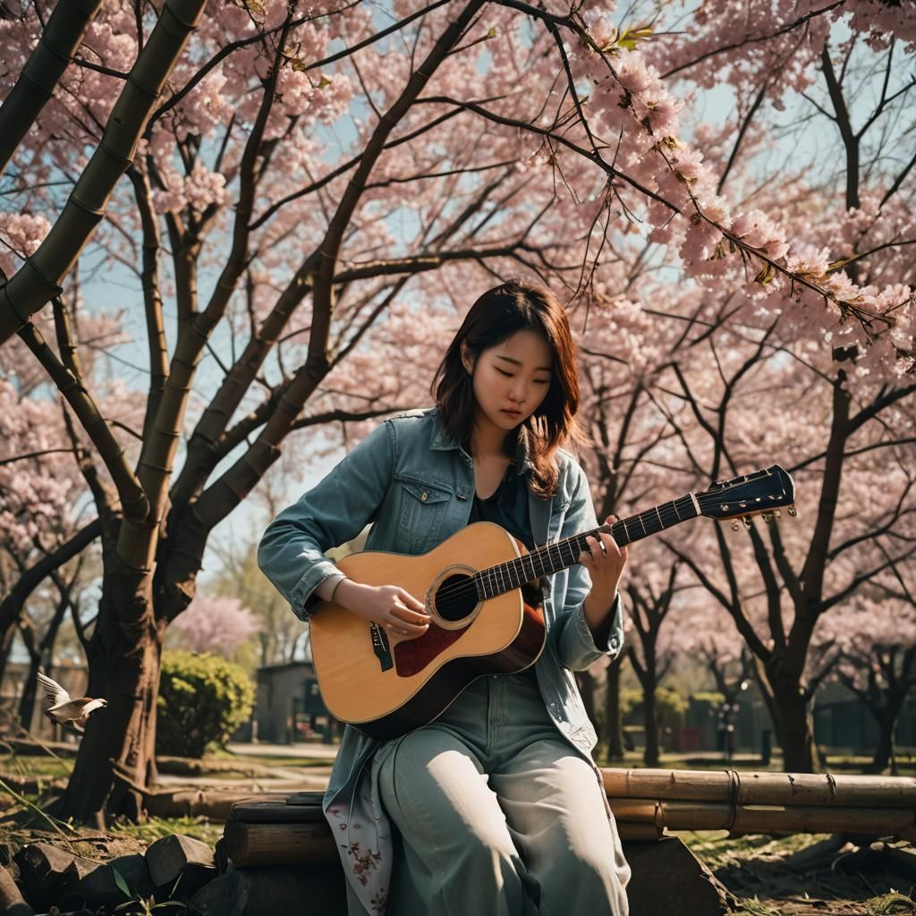Girl Plays Guitar Amid Spring Blossoms