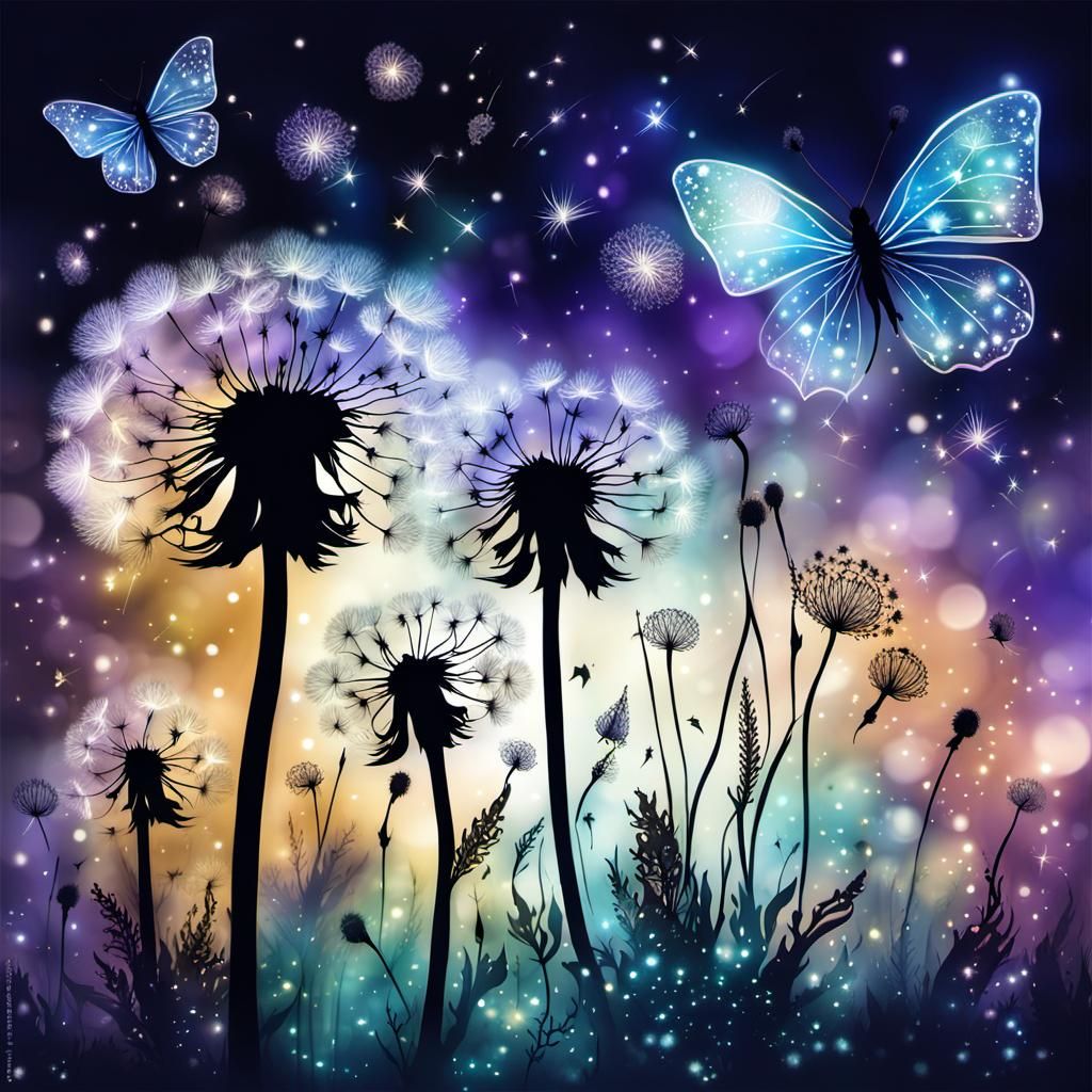 Glowing Dandelion in Botanical Ink Drawing Style