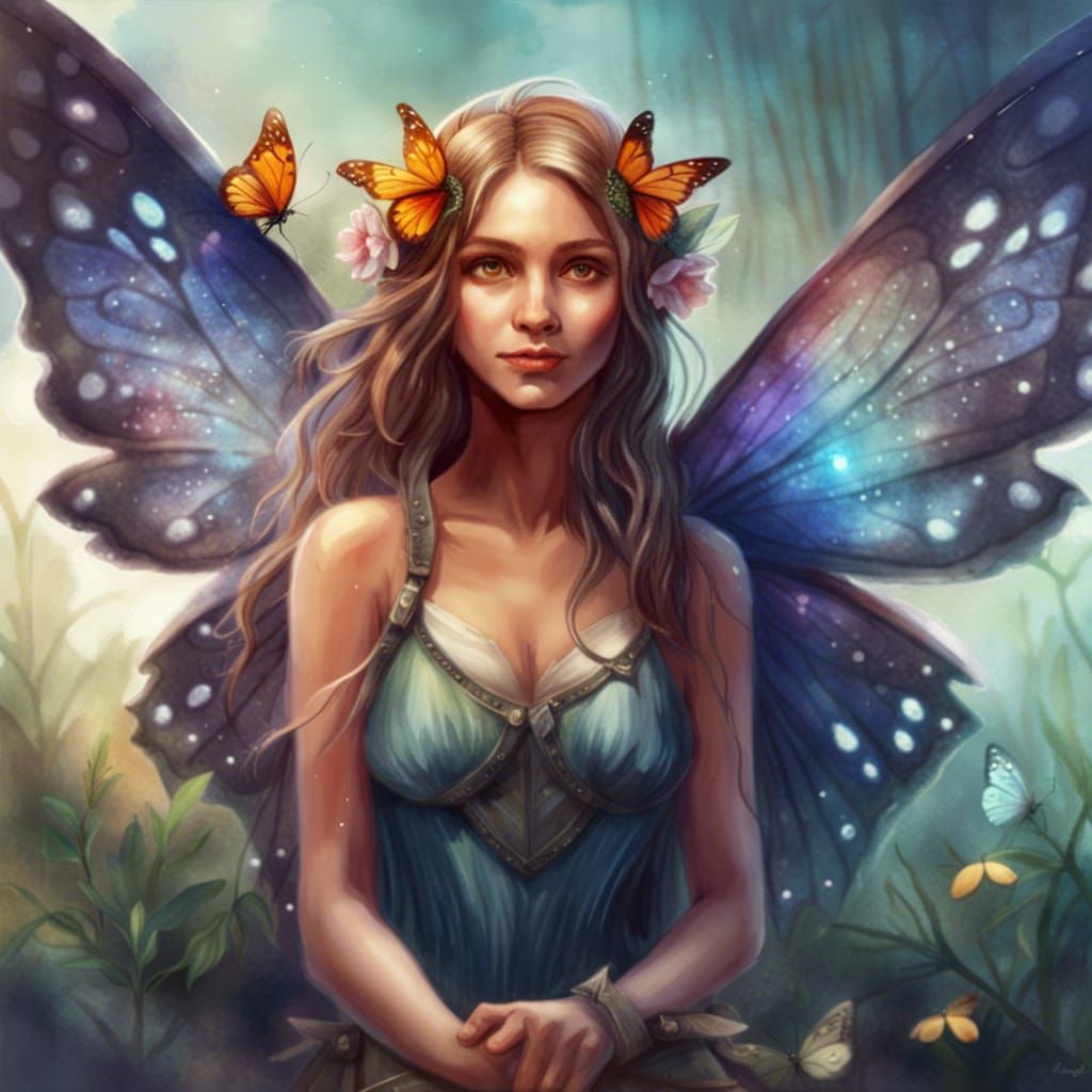 Barefoot Fairy with Butterfly Wings in Watercolor