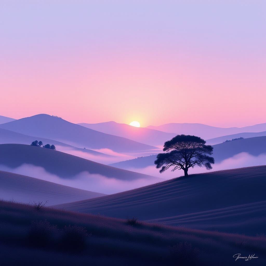 Serene Dawn Landscape with Ancient Tree and Mist
