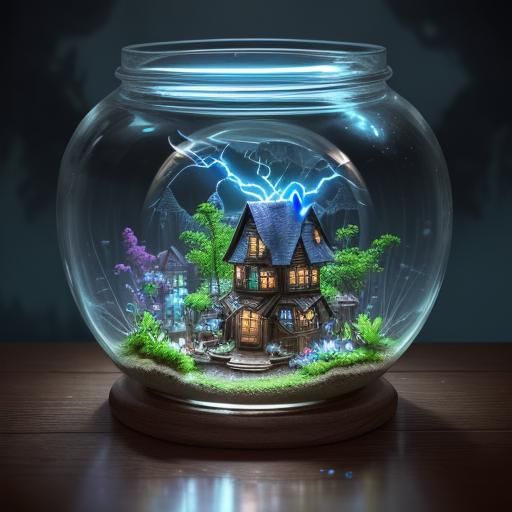 Miniature Fantasy Village in Glass Jar, Magical Realism