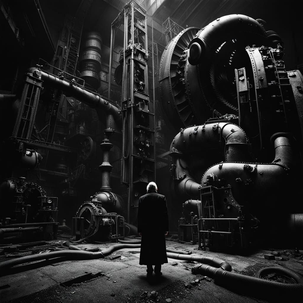 Ominous Figure Silhouetted Against Corroded Machinery