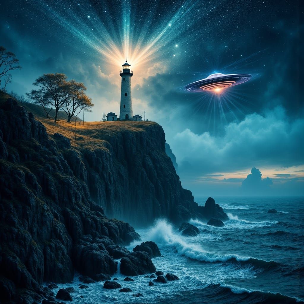 Lighthouse Guides UFO in Abstract Double Exposure