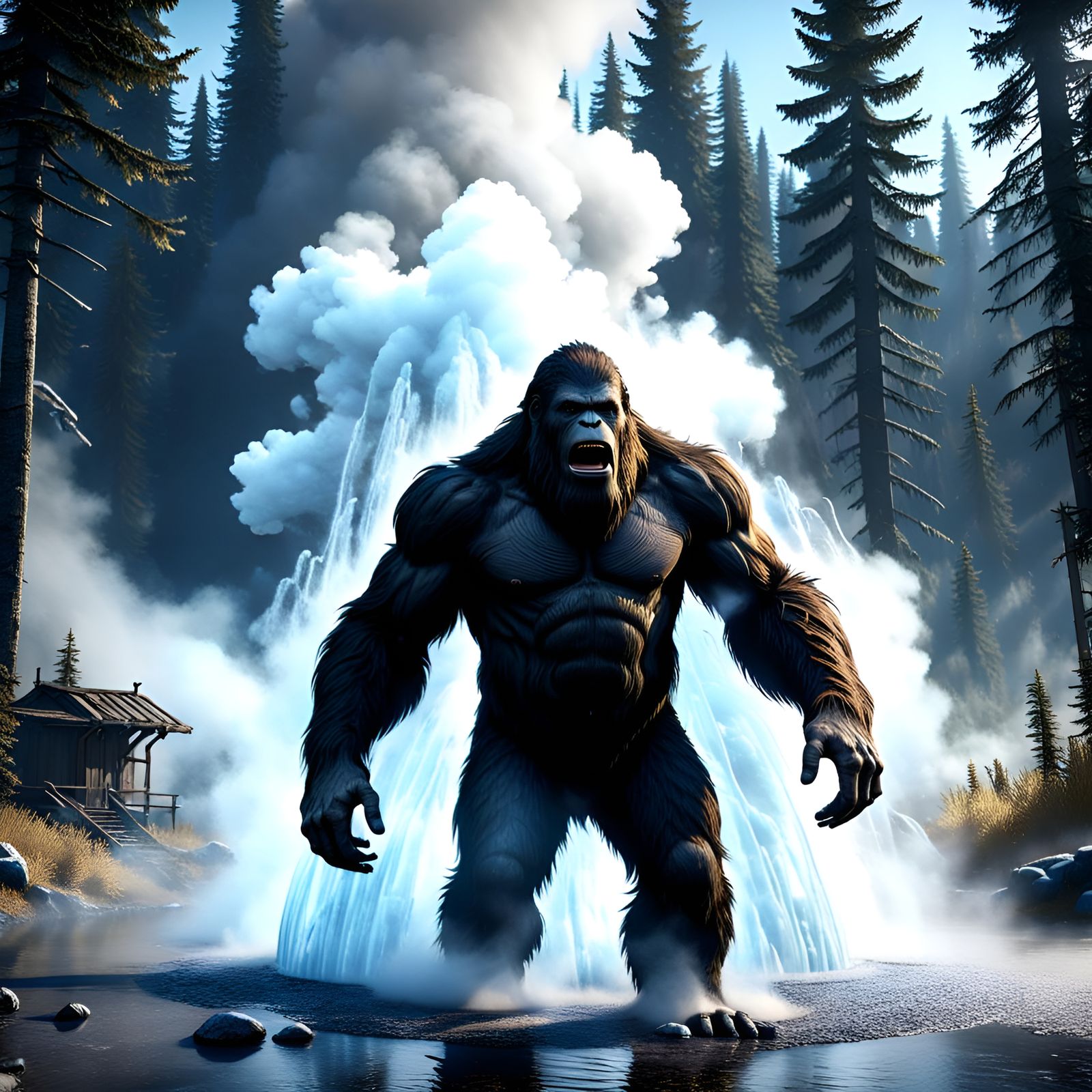 bigfoot running through steamy water and water geyser ,AMD , GeForce RTX, 2TB NVMe M.2 SSD, 6TB HDD,  neon   ,unreal eng...